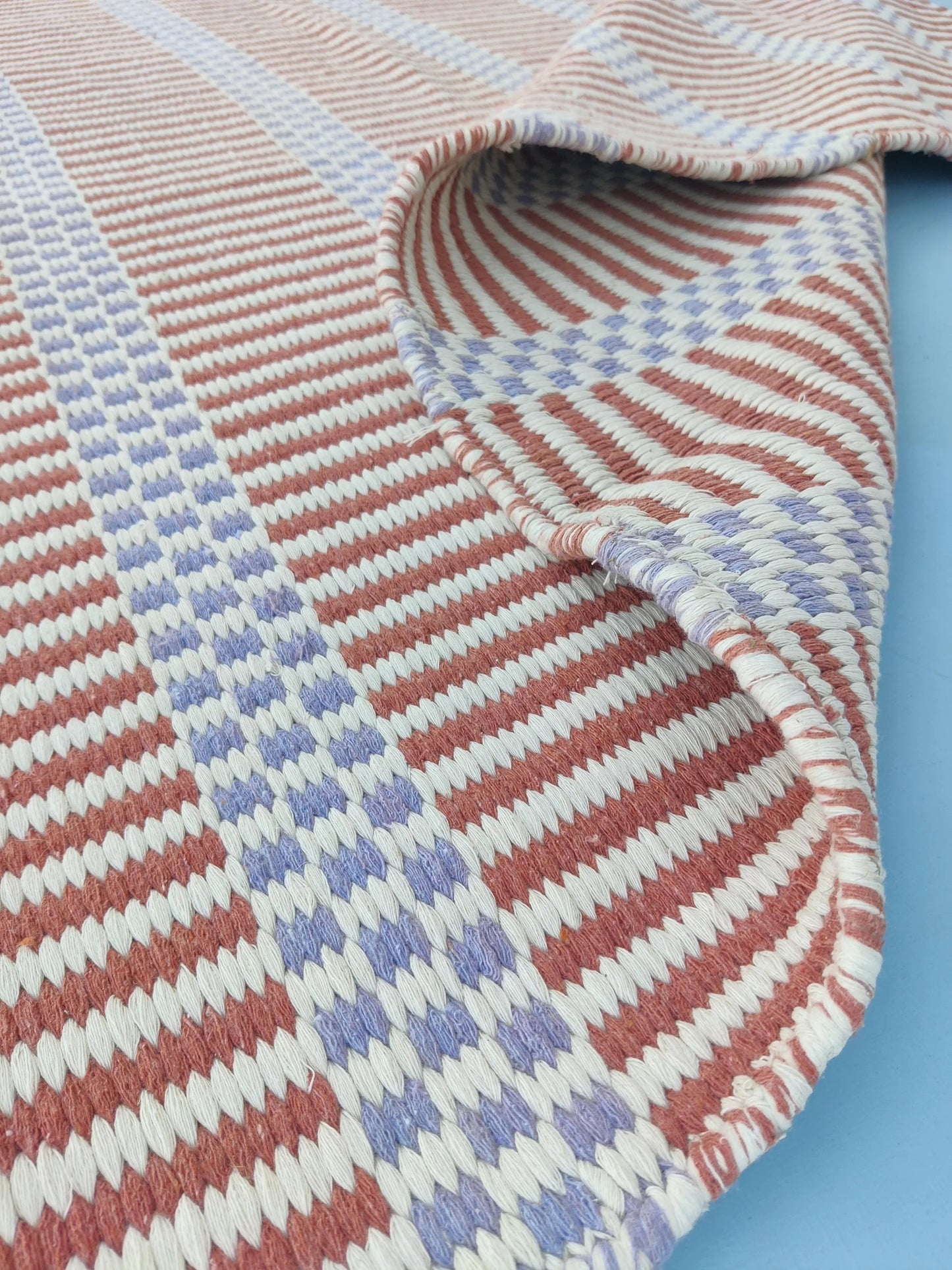 Striped Handloom Carpet - Terracotta & Blue Flatweave