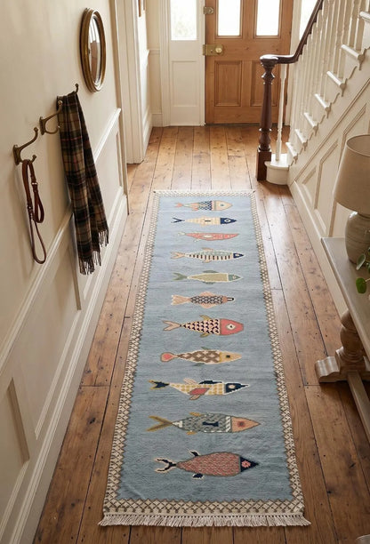 Hallway Runner Rug Blue Fish Pattern Oushak, Handmade Wool Animal Motif Stair runner rug