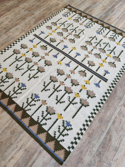 Nordic Thistle Garden Olive Green & Muted Yellow Wool Cotton Dhurrie Rug