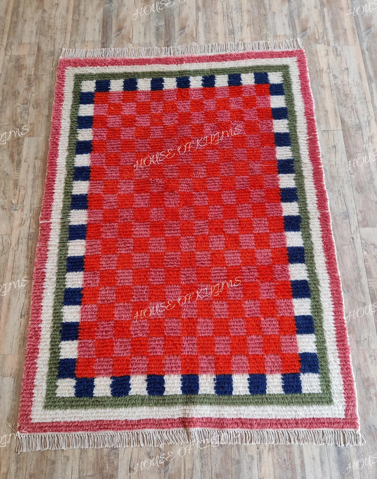 Moroccan Berber Style Wool Rug, Hand Woven Red Checkered Area Rug