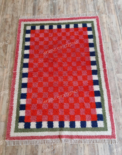 Moroccan Berber Style Wool Rug, Hand Woven Red Checkered Area Rug