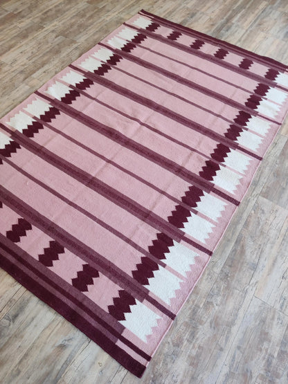 Rose Burgundy Sawtooth Modern Pastel Pink & Maroon Wool Cotton Dhurrie Rug