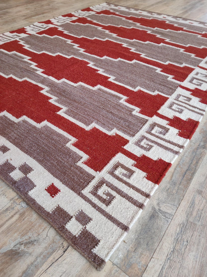 Terracotta Canyon Mesa Southwestern Rust Red & Grey Wool Cotton Dhurrie Rug
