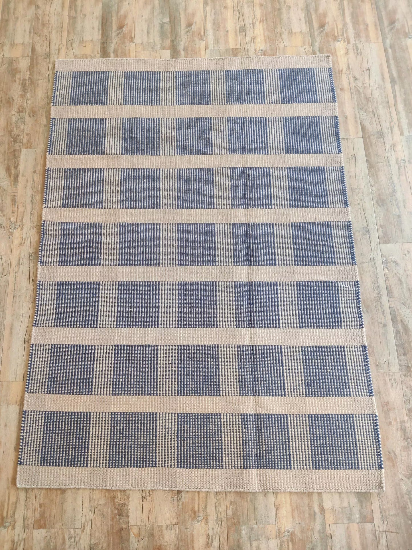 Premium Flatweave Wool Carpet  Cream and Navy Plaid Design