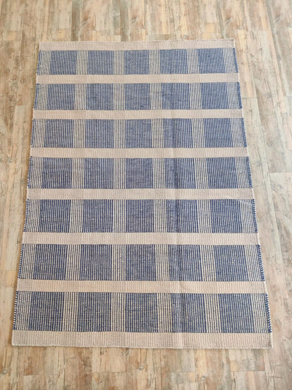 Premium Flatweave Wool Carpet  Cream and Navy Plaid Design