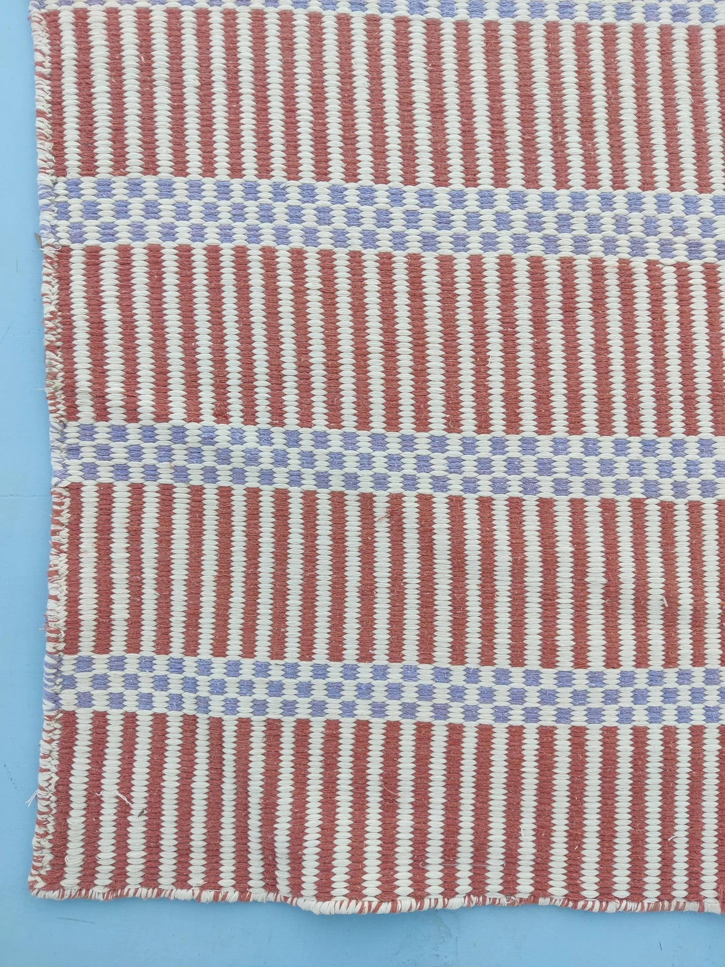 Striped Handloom Carpet - Terracotta & Blue Flatweave