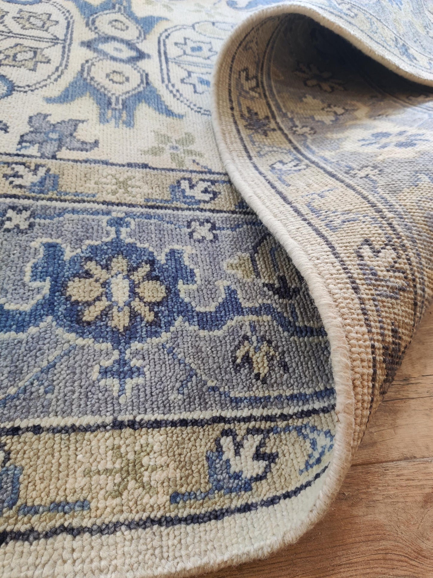 Periwinkle Mist Antique-Wash Floral Hand-Knotted Wool Rug