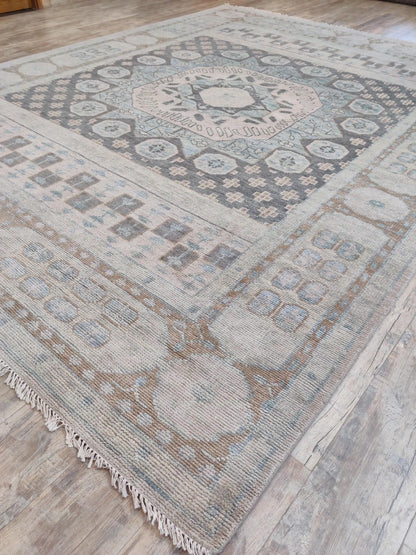 Hand-Knotted Muted Mamluk Octagonal Wool Carpet Rug