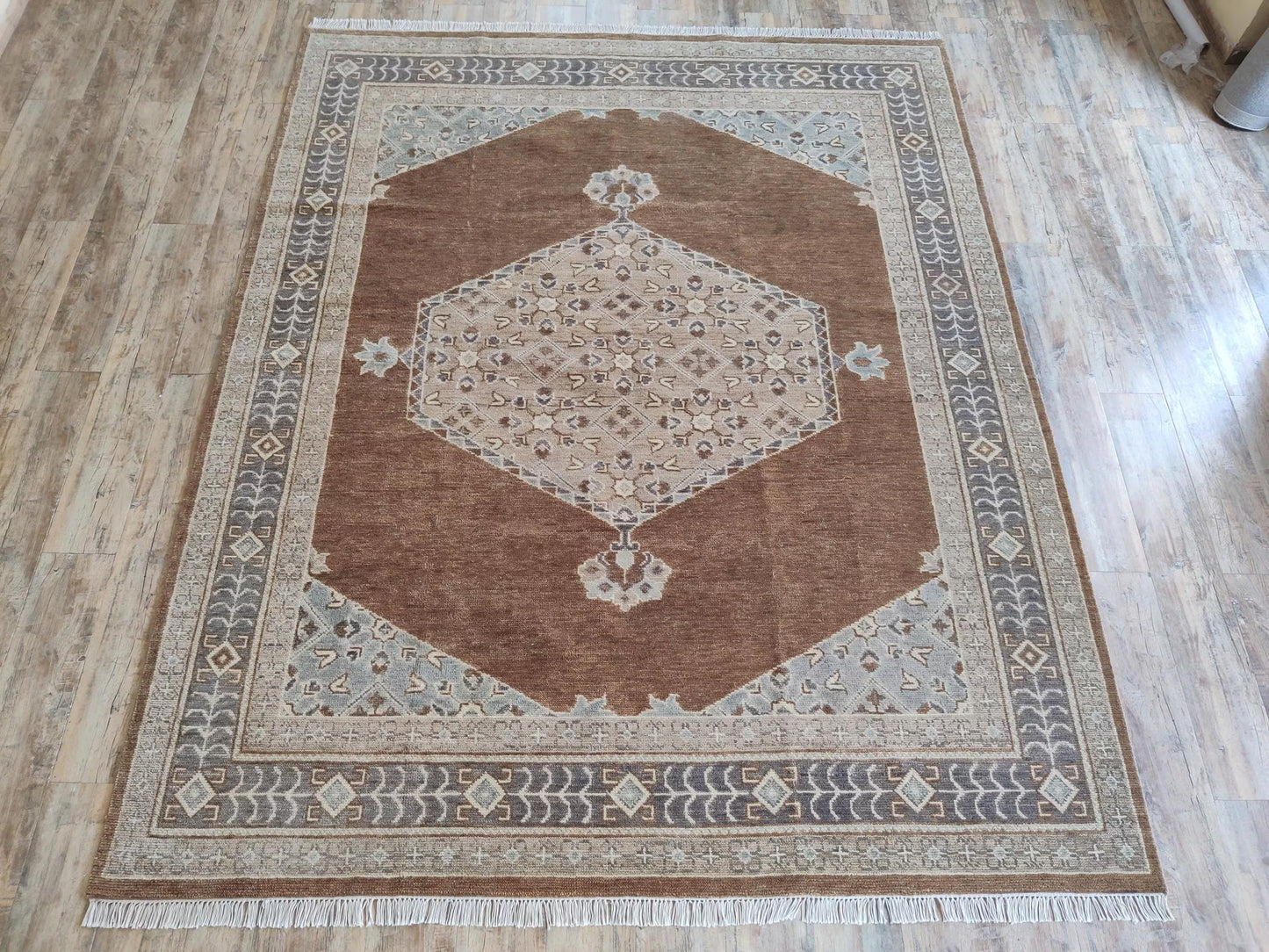 Transitional Muted Brown and Sage Center Medallion Rug