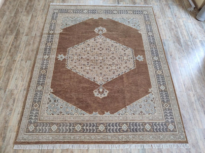 Transitional Muted Brown and Sage Center Medallion Rug