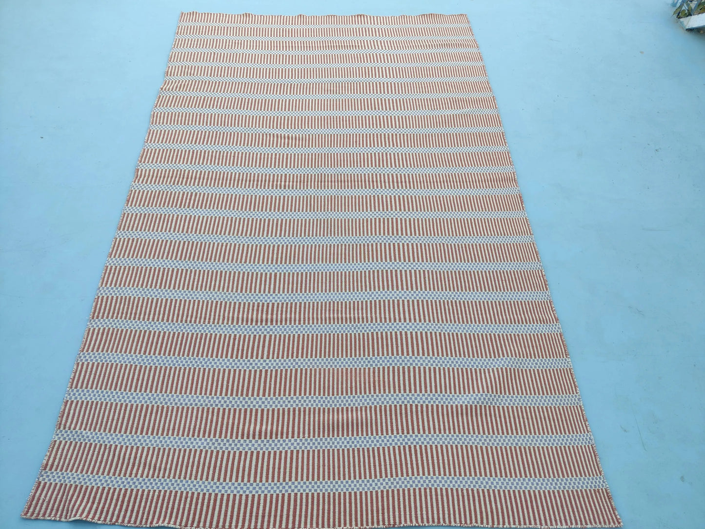 Striped Handloom Carpet - Terracotta & Blue Flatweave