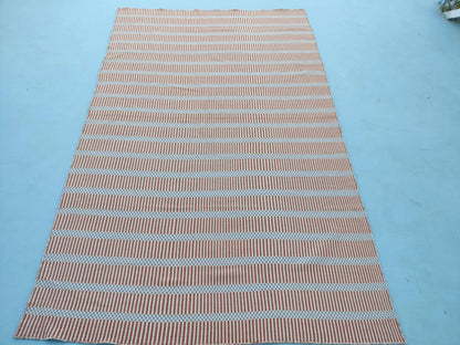 Striped Handloom Carpet - Terracotta & Blue Flatweave