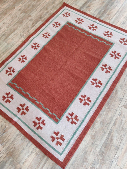 Terracotta Oasis Border Rust Red & Cream Wool Cotton Dhurrie Rug