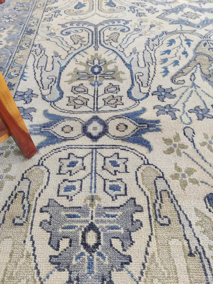 Periwinkle Mist Antique-Wash Floral Hand-Knotted Wool Rug