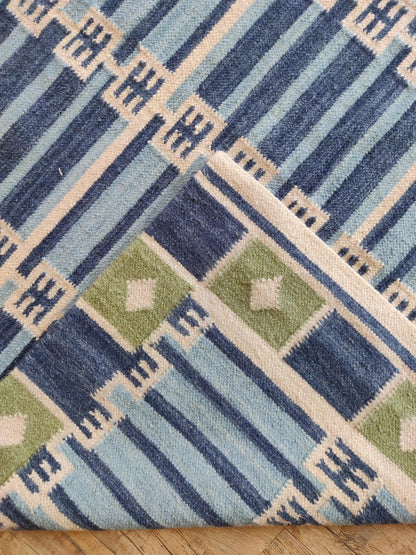 Caspian Tile Lattice Blue & Green Wool Cotton Dhurrie Rug