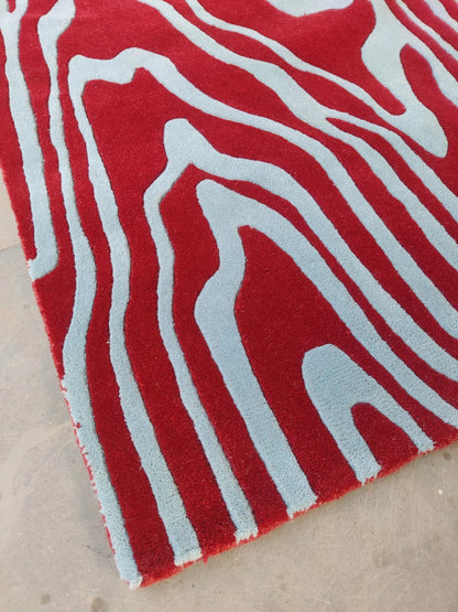 Modern Crimson & Azure Abstract Ripple Design rug