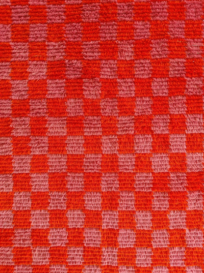 Moroccan Berber Style Wool Rug, Hand Woven Red Checkered Area Rug