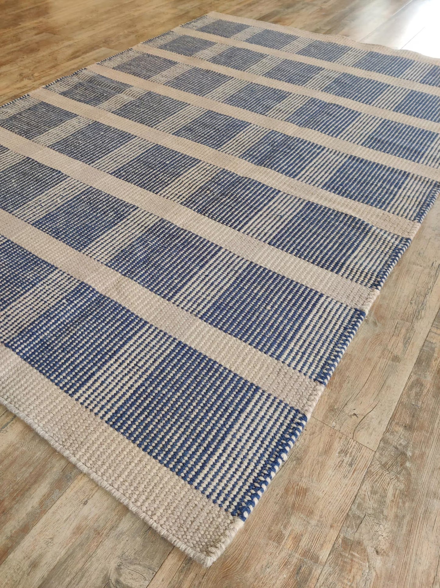 Premium Flatweave Wool Carpet  Cream and Navy Plaid Design