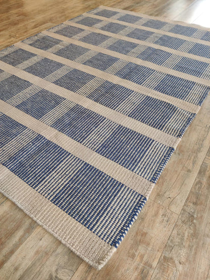 Premium Flatweave Wool Carpet  Cream and Navy Plaid Design