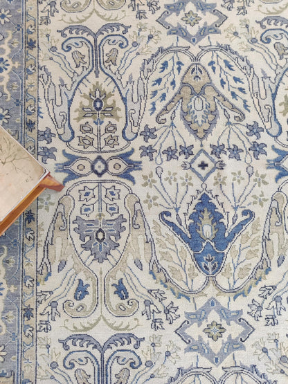 Periwinkle Mist Antique-Wash Floral Hand-Knotted Wool Rug