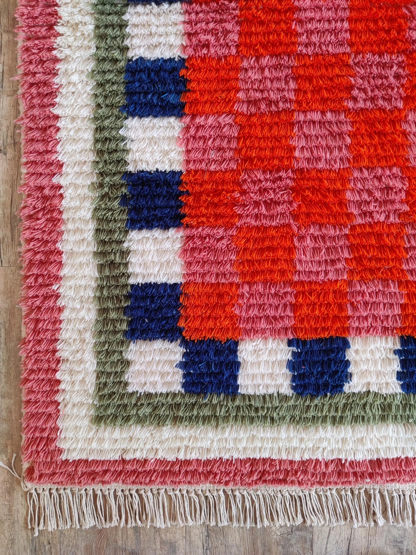 Moroccan Berber Style Wool Rug, Hand Woven Red Checkered Area Rug