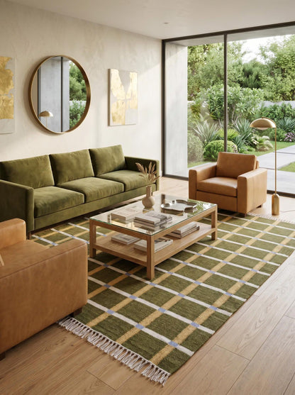 Moss & Ochre Plaid - Modern Olive Green & Mustard Wool Cotton Dhurrie Rug