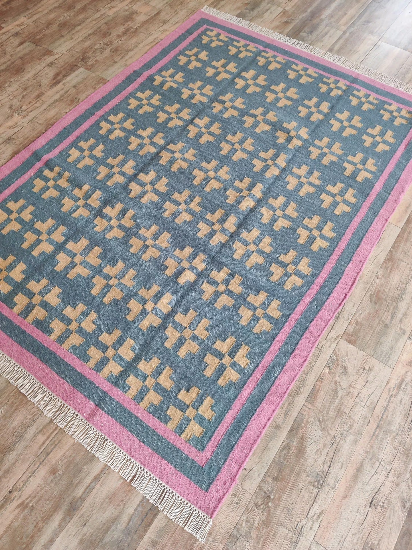 Slate Cross & Rose Border Modern Blue & Pink Wool Cotton Dhurrie Rug