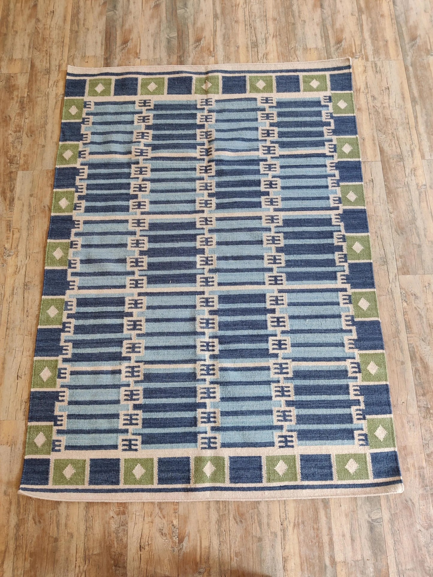 Caspian Tile Lattice Blue & Green Wool Cotton Dhurrie Rug