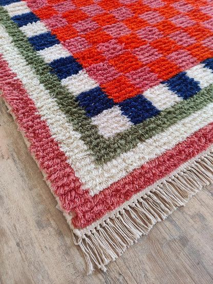Moroccan Berber Style Wool Rug, Hand Woven Red Checkered Area Rug