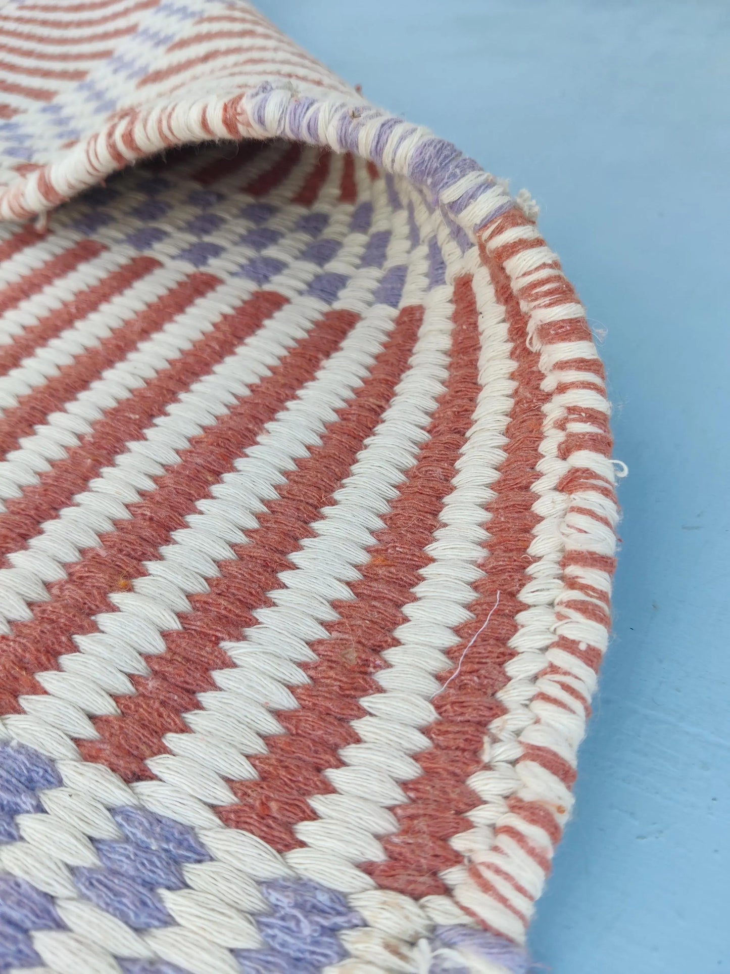 Striped Handloom Carpet - Terracotta & Blue Flatweave