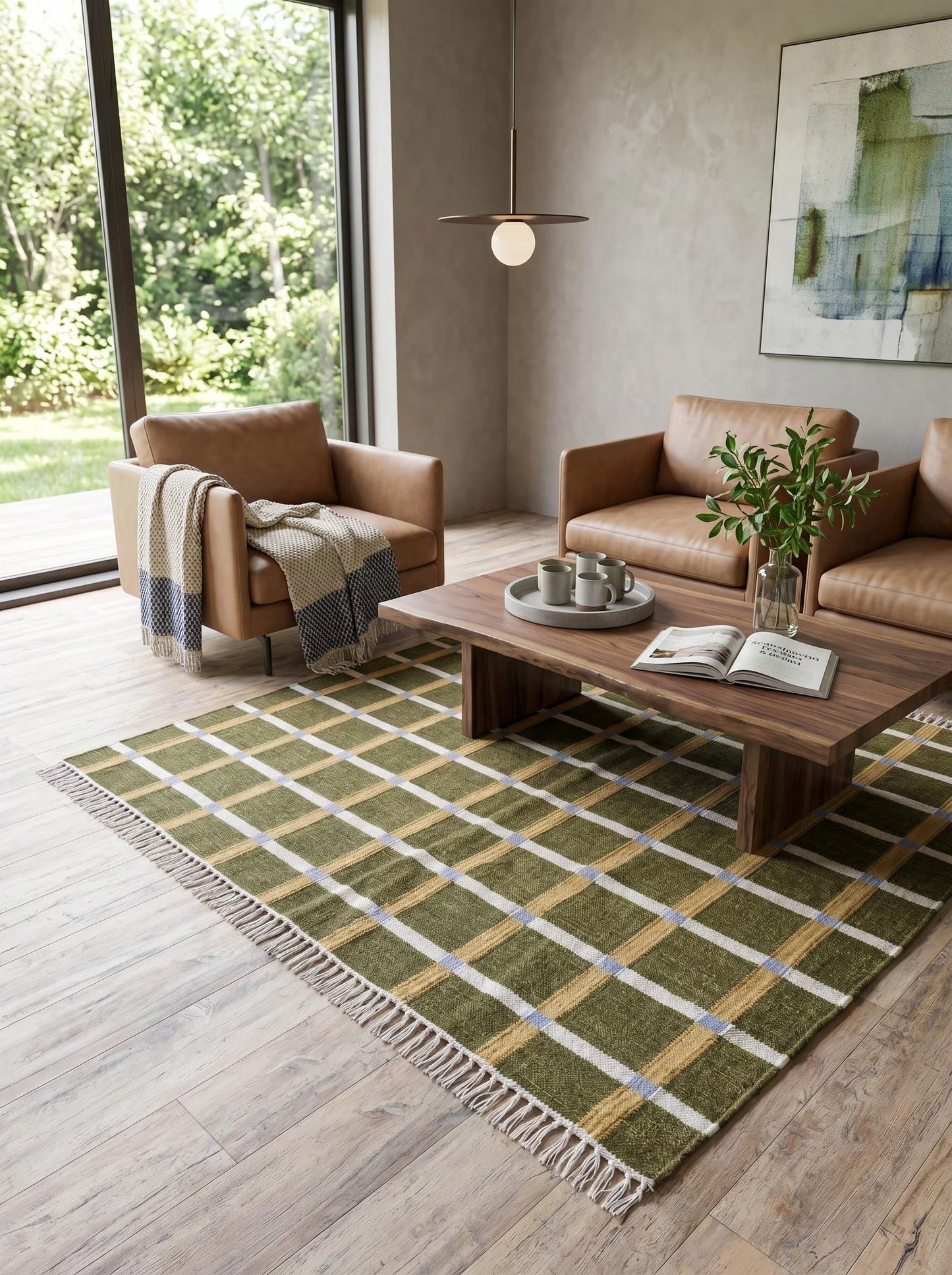 Moss & Ochre Plaid - Modern Olive Green & Mustard Wool Cotton Dhurrie Rug