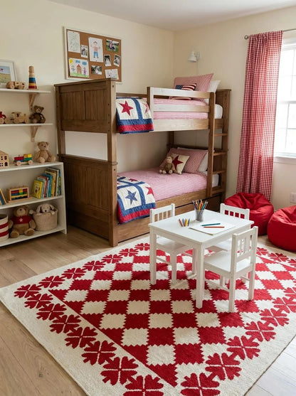 Traditional Ruby Red & Cream Wool Cotton Dhurrie Rug