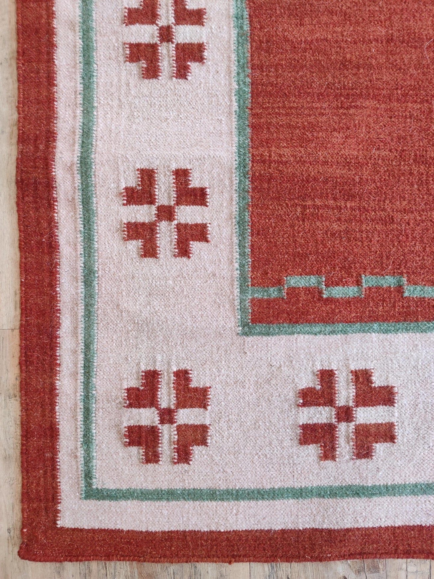 Terracotta Oasis Border Rust Red & Cream Wool Cotton Dhurrie Rug