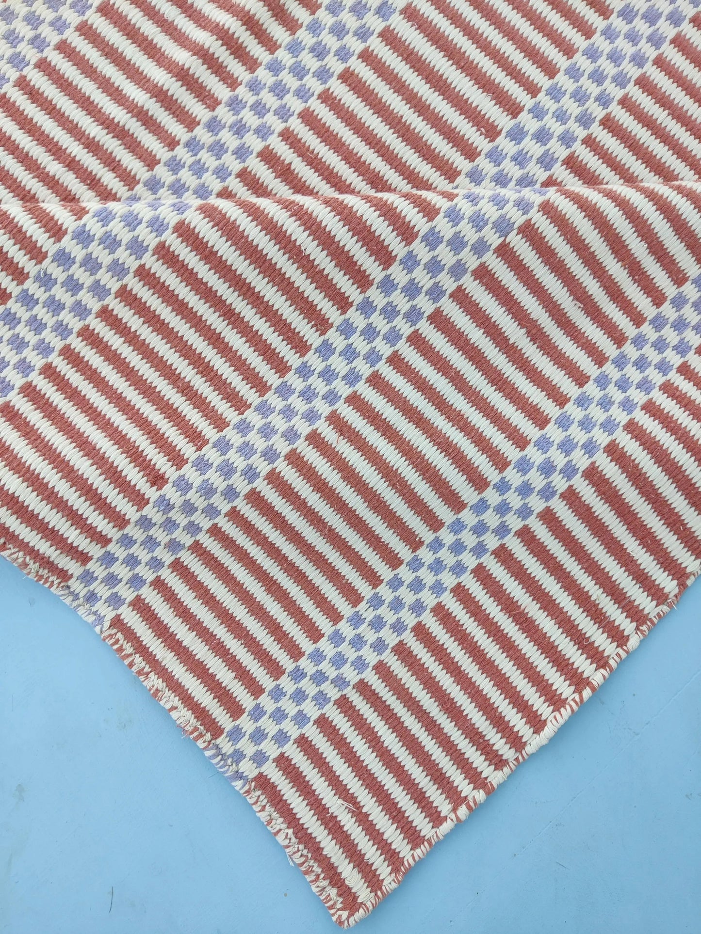 Striped Handloom Carpet - Terracotta & Blue Flatweave