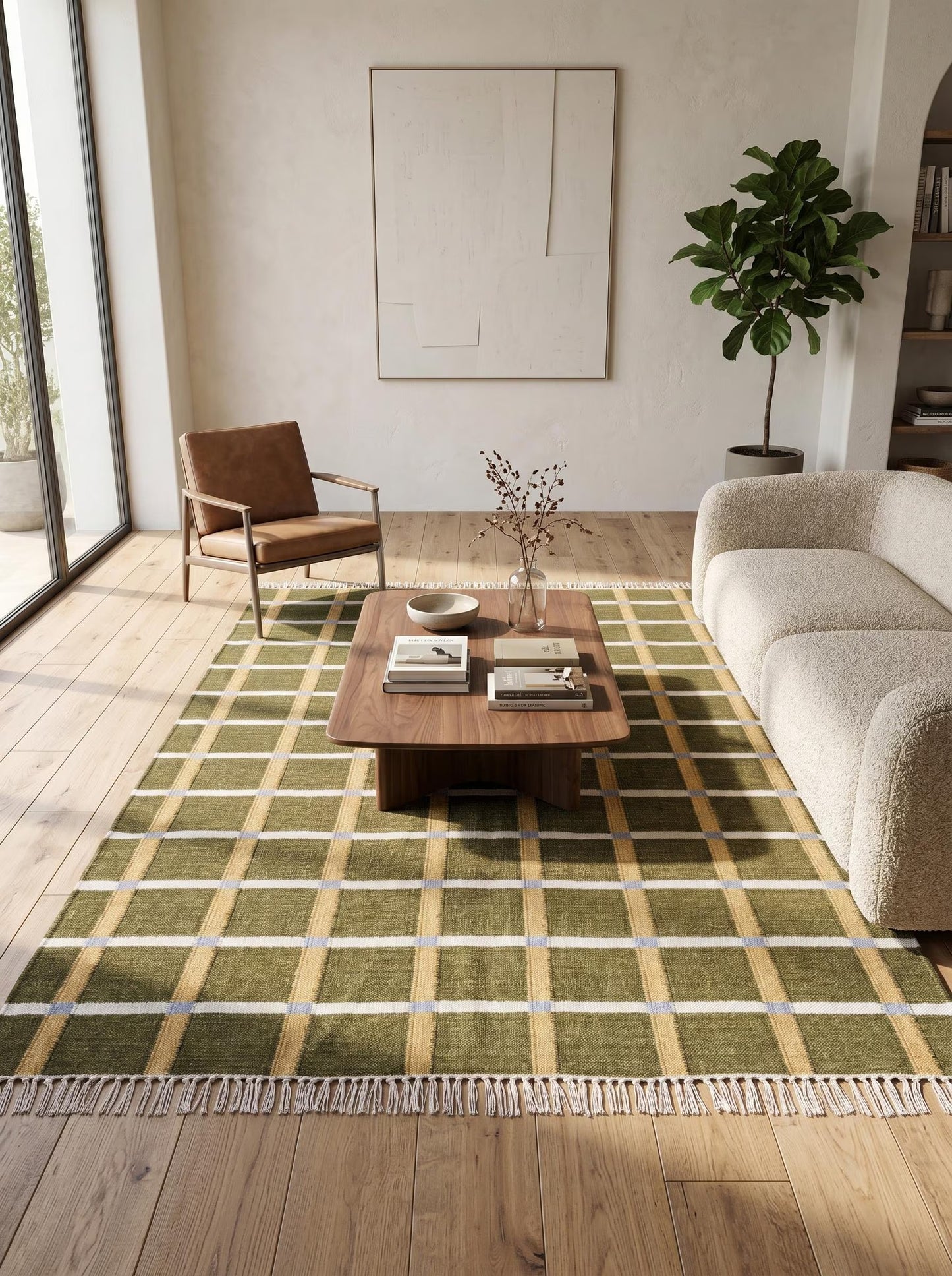 Moss & Ochre Plaid - Modern Olive Green & Mustard Wool Cotton Dhurrie Rug