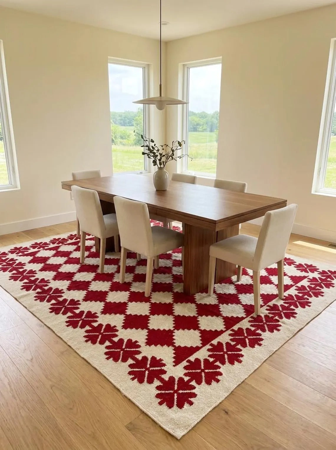 Traditional Ruby Red & Cream Wool Cotton Dhurrie Rug