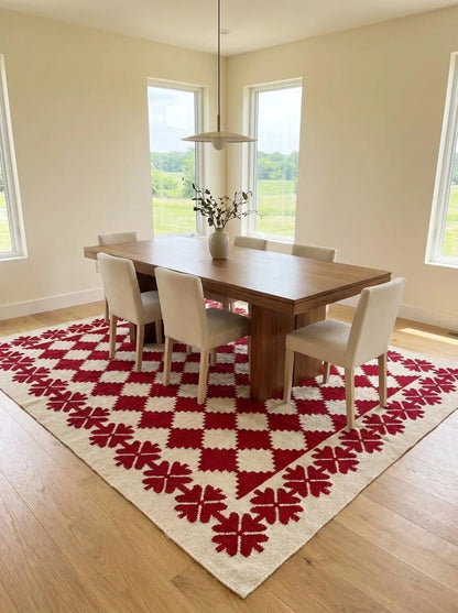 Traditional Ruby Red & Cream Wool Cotton Dhurrie Rug