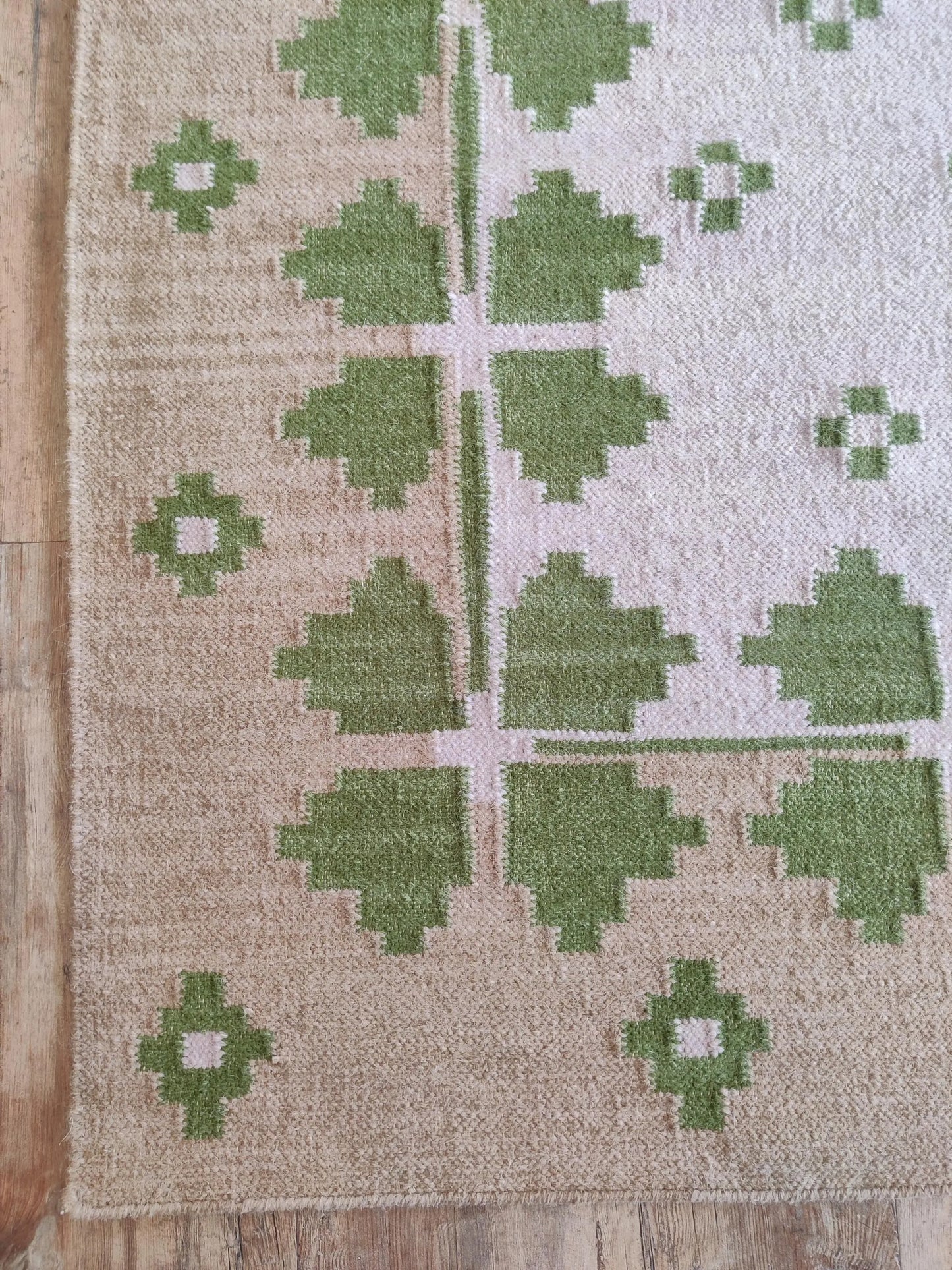 Lilac Meadow Pastel Blush Pink & Sage Green Wool Cotton Dhurrie Rug