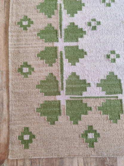 Lilac Meadow Pastel Blush Pink & Sage Green Wool Cotton Dhurrie Rug