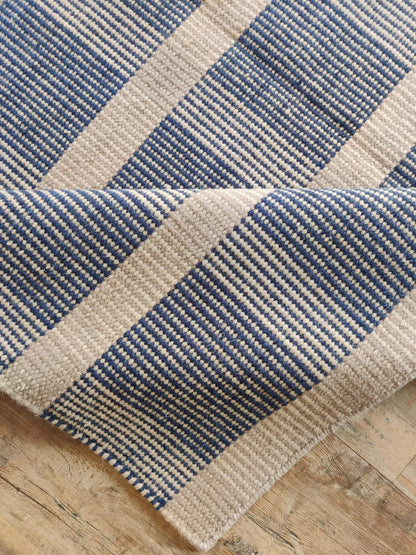 Premium Flatweave Wool Carpet  Cream and Navy Plaid Design