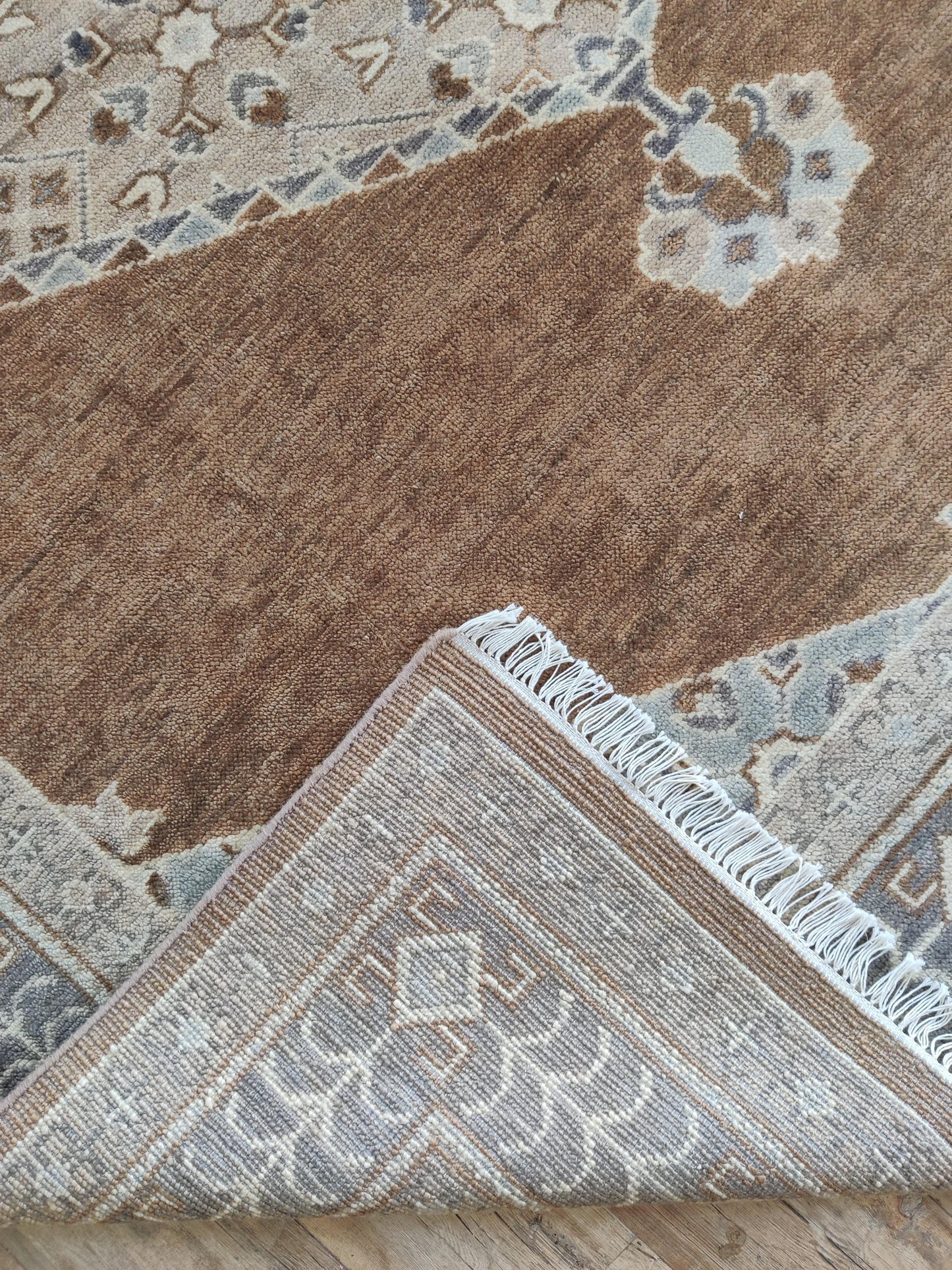 Transitional Muted Brown and Sage Center Medallion Rug