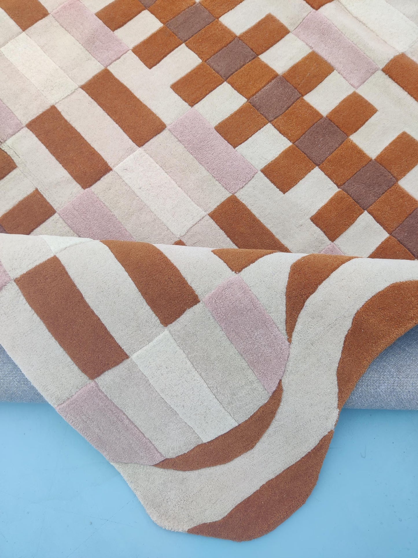 Terracotta Prism Grid Checkerboard Hand-Tufted Wool Rug