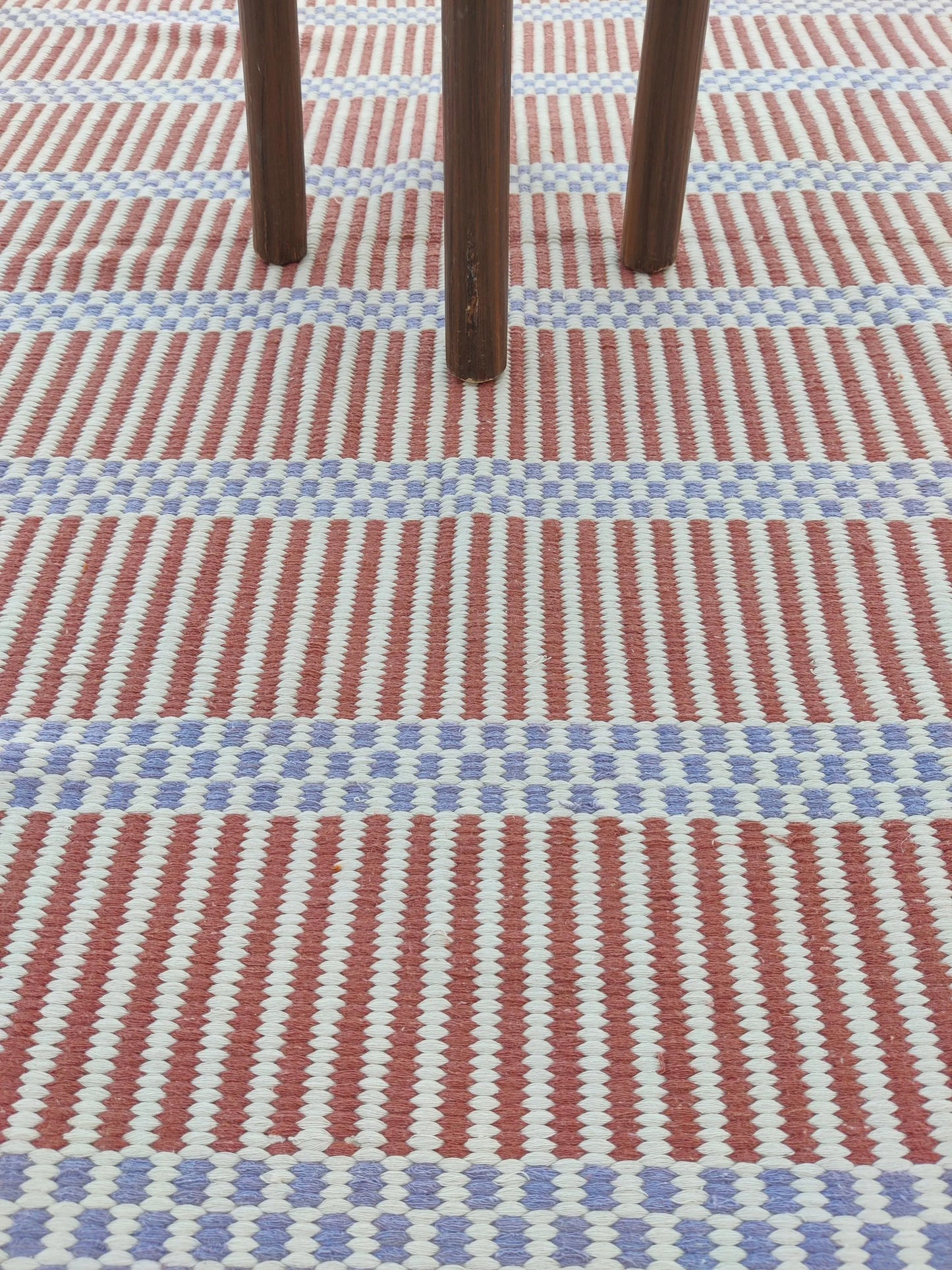 Striped Handloom Carpet - Terracotta & Blue Flatweave