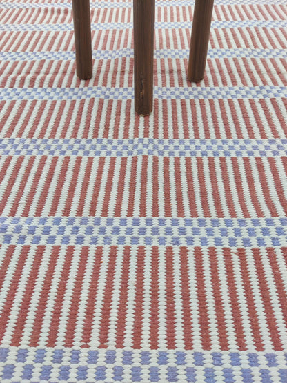 Striped Handloom Carpet - Terracotta & Blue Flatweave