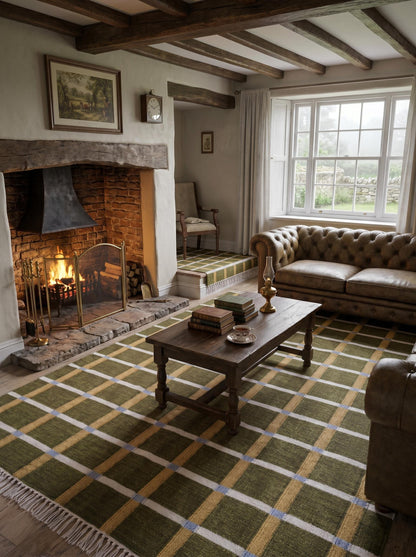 Moss & Ochre Plaid - Modern Olive Green & Mustard Wool Cotton Dhurrie Rug