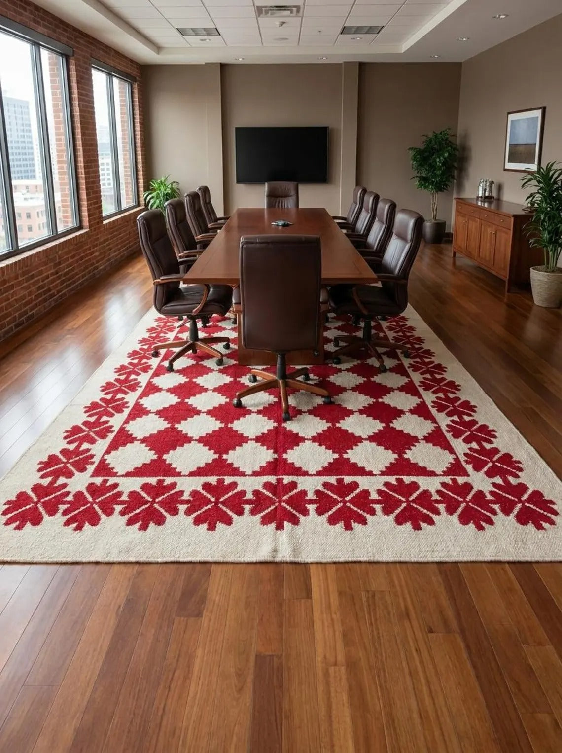 Traditional Ruby Red & Cream Wool Cotton Dhurrie Rug