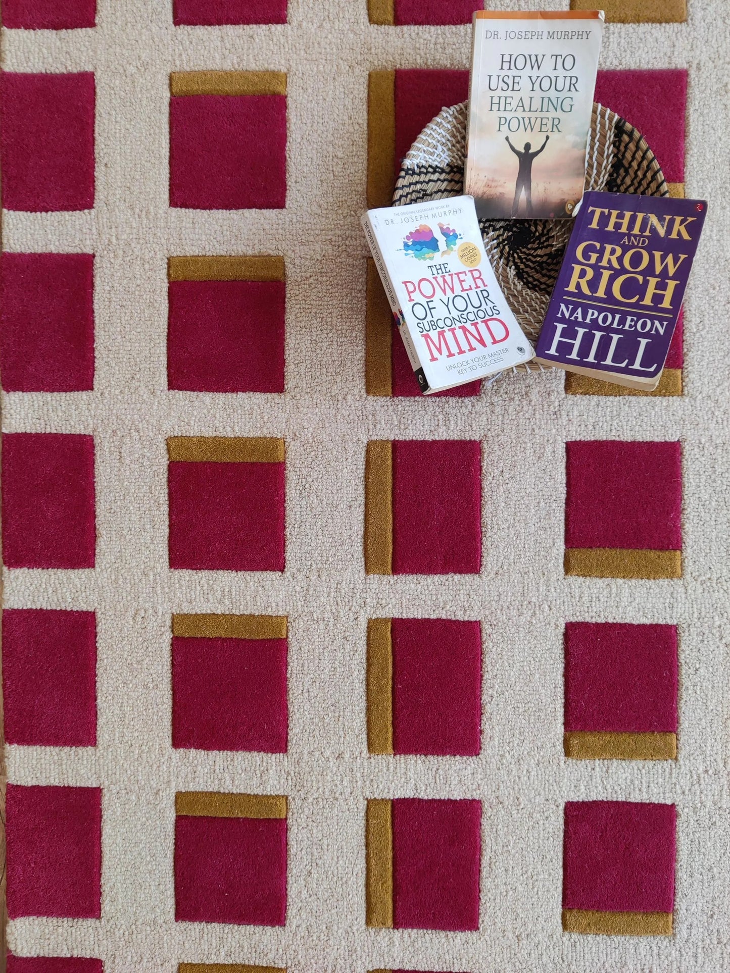 Magenta & Mustard Geometric Block Modern High-Low Textured Area Carpet