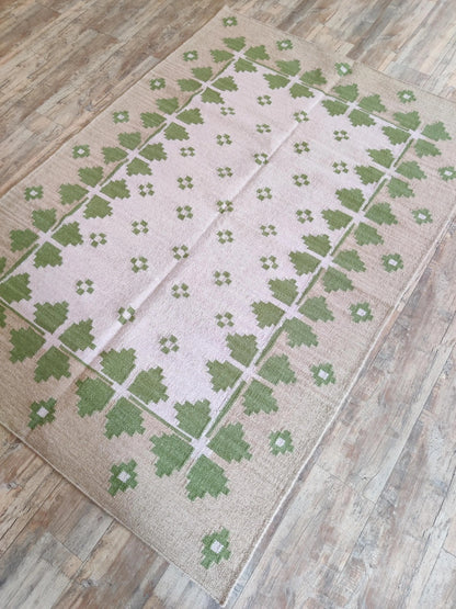 Lilac Meadow Pastel Blush Pink & Sage Green Wool Cotton Dhurrie Rug