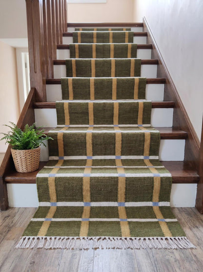 Moss & Ochre Plaid - Modern Olive Green & Mustard Wool Cotton Dhurrie Rug
