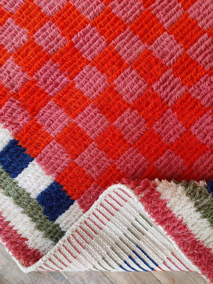 Moroccan Berber Style Wool Rug, Hand Woven Red Checkered Area Rug